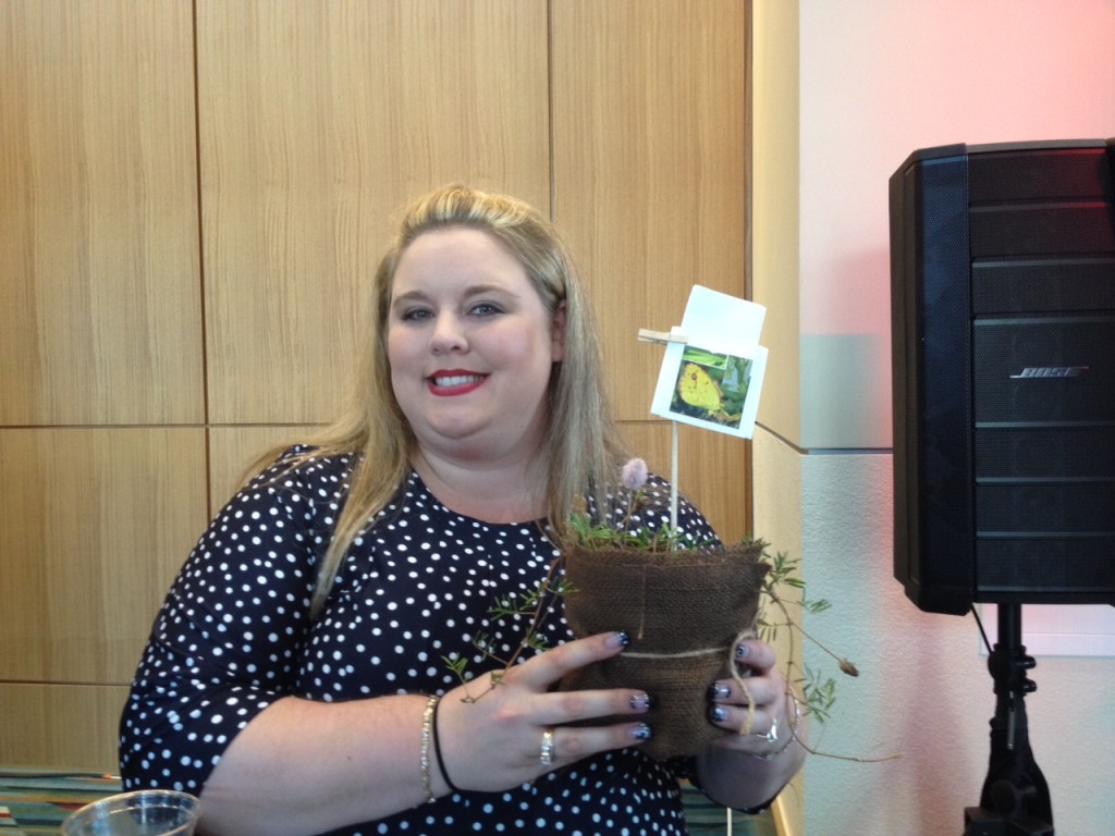 Happy Camper shows off the Sunshine Mimosa she snagged from her sponsor table. Each pot included information on planting and using Sunshine Mimosa in the landscape AND on the Little Yellow Butterfly (Eurema lisa) for which the plant is a host.