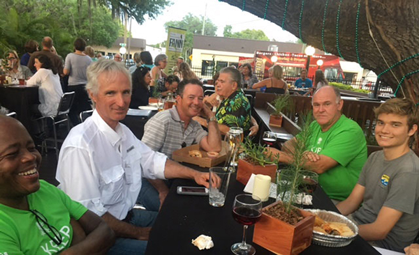One of several tables at the Thursday social at Motorworks Brewing Company, a great venue arranged for us by Chris Holly, who also set up the beautiful native plant centerpieces. From L-R: Volunteer Raymond Powell, Instructor Steve Turnipseed, About Native Yards owner Robert Meale, Wilcox Nursery & Landscape owner Bruce Turley, and student volunteer Zach Zeller. Everyone enjoyed a few brews under the big oak. 