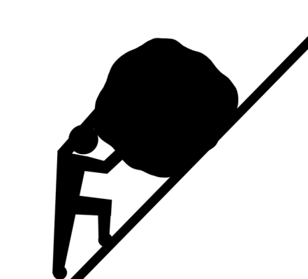 Man rolling boulder up hill